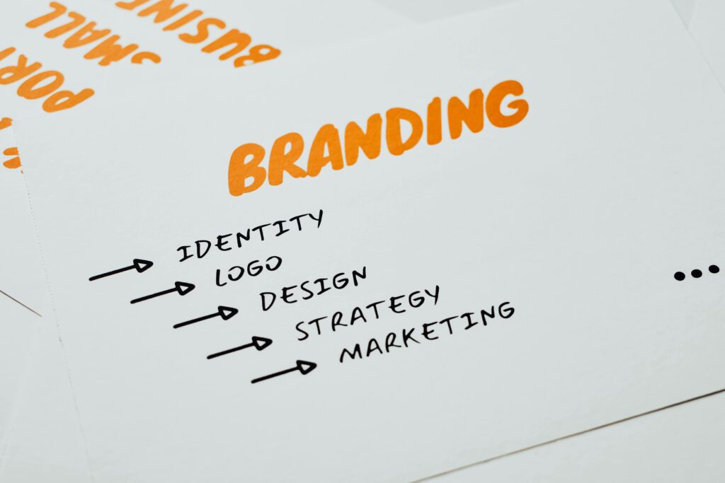 pexels-photo-7661184-7661184 Close-up of a paper with branding, identity, design, strategy, and marketing concepts in orange and black.